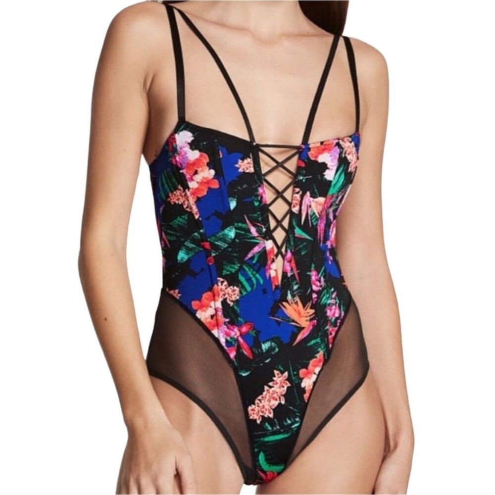 NWOT Victoria’s Secret Lace-Up Floral Mesh One-Piece Bodysuit
